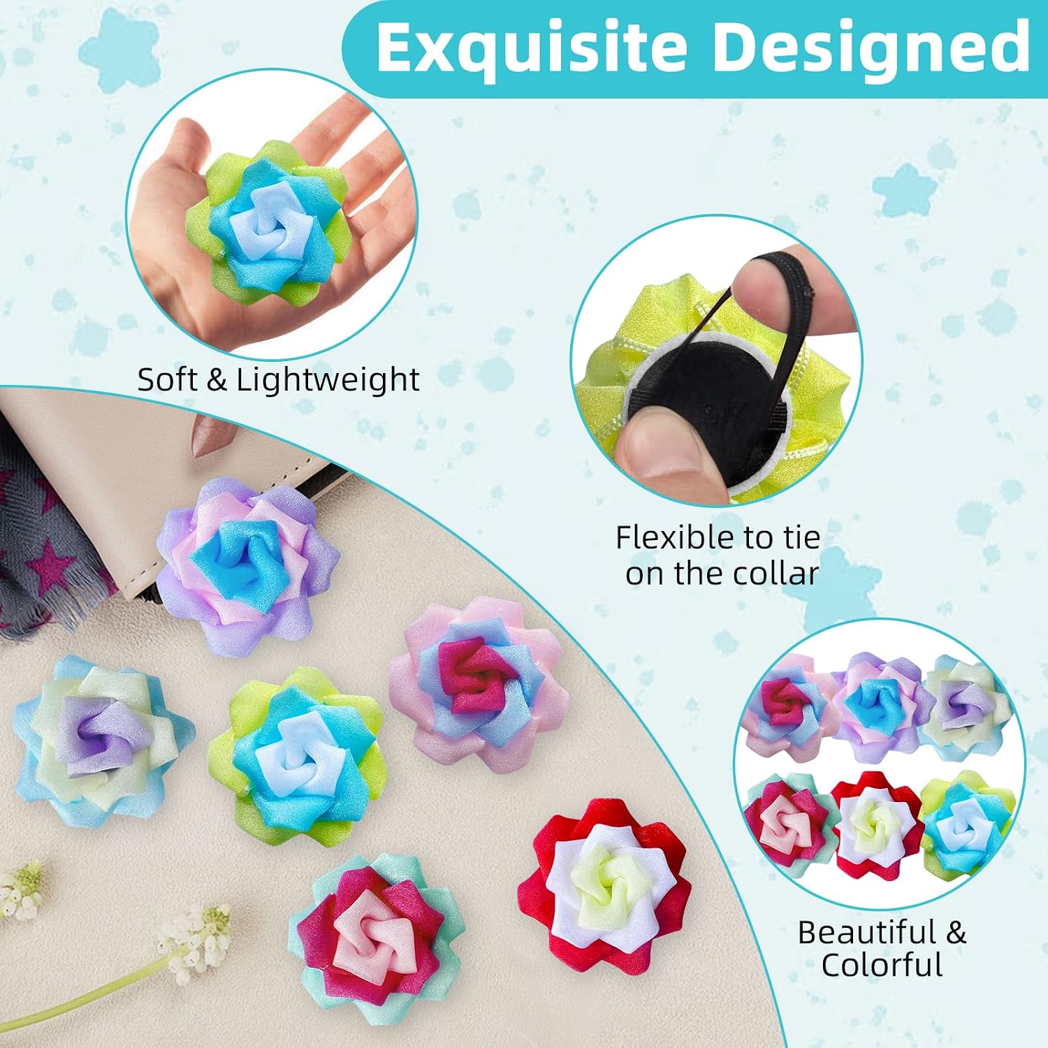 UBQUBQ slide on pet collar flowers showing elastic stretch flexibility for various collar sizes