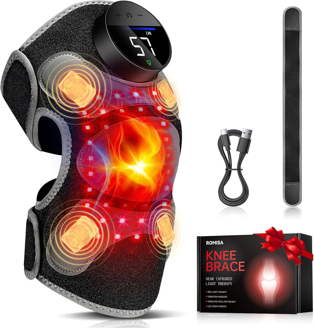 ROMISA red light therapy knee brace front view showing the digital touchscreen controller.