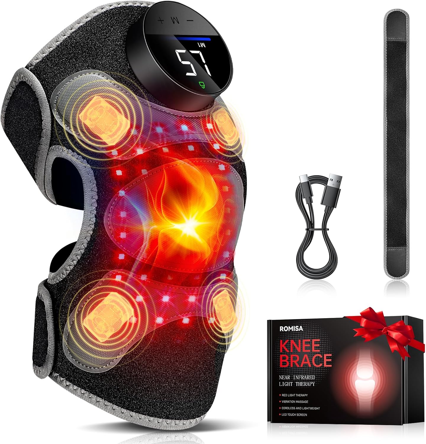 ROMISA red light therapy knee brace front view showing the digital touchscreen controller.