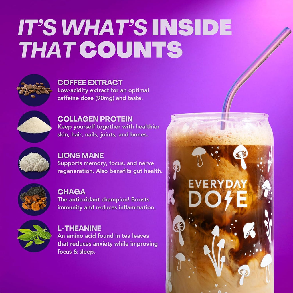 Everyday Dose Bold Medium Roast Mushroom Coffee 90mg Caffeine per serving with Grass-Fed Collagen, Chaga, Lions Mane & L-Theanine for Better Focus, Energy, Digestion, Skin, and Immunity 30 Servings - Image 4