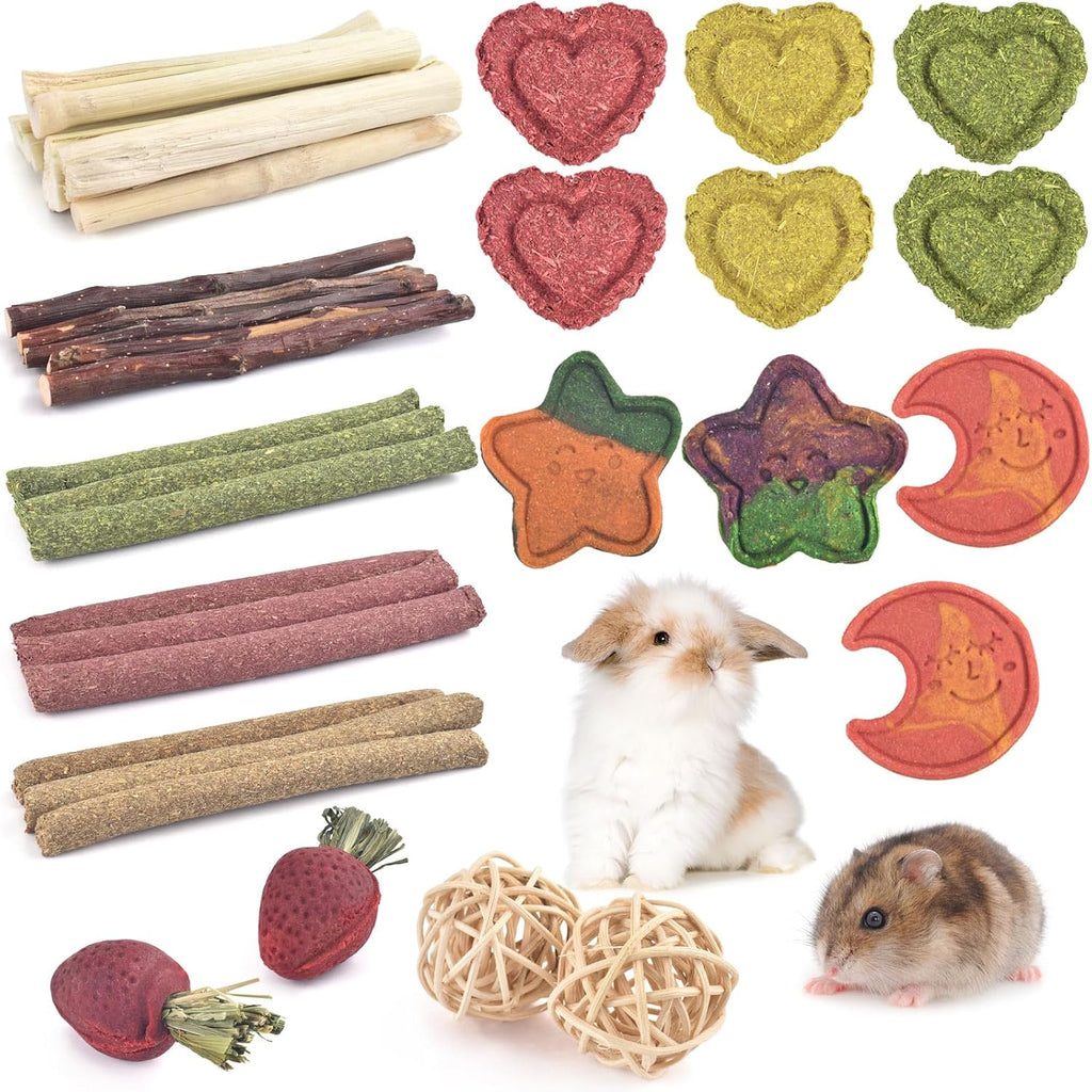 ERKOON 33 Pieces bunny chew toys front view showcasing assorted natural apple wood sticks and grass cakes.