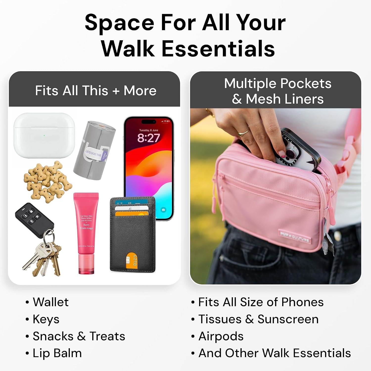 Pup Culture premium polyester dog walking bag being styled around the waist as a modern fanny pack
