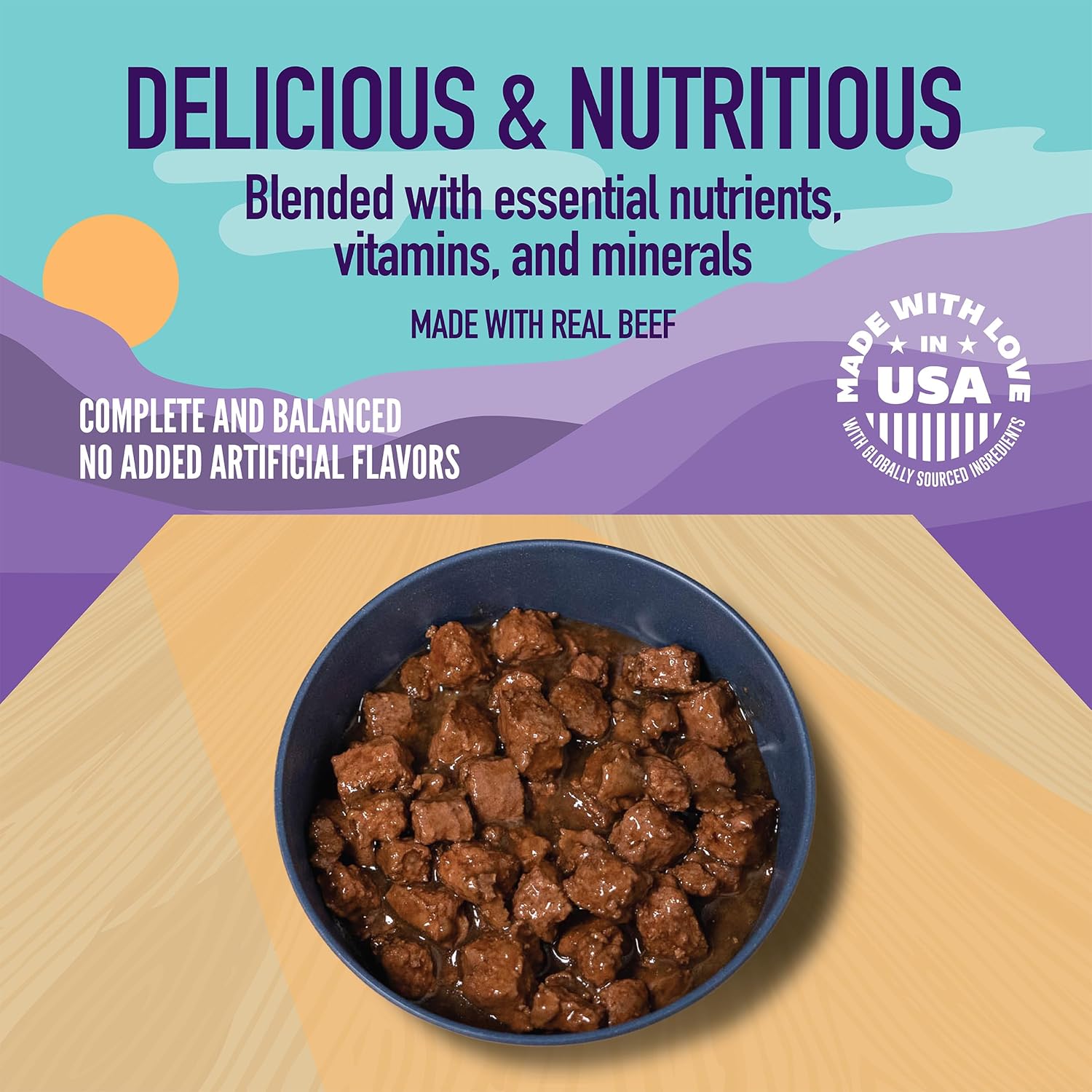 Complete and balanced nutrition wet dog food for all life stages packaging details.