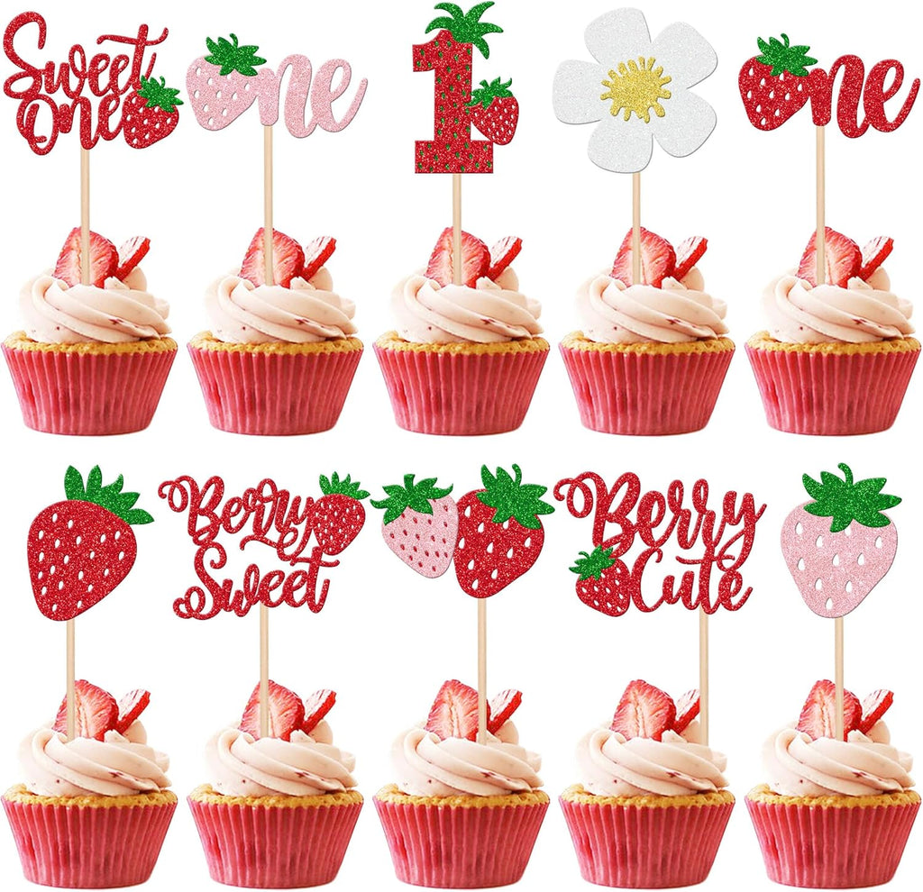 Zhuoweism sweet one strawberry cupcake toppers front view