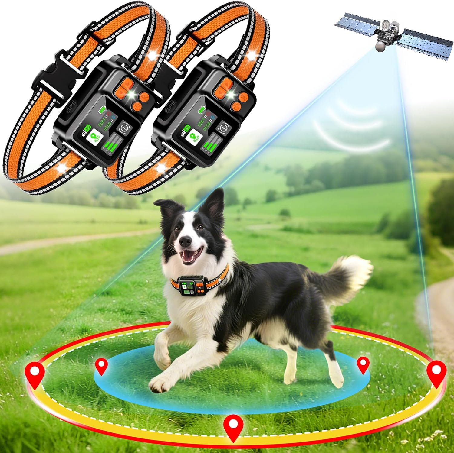 No burial wire dog fence device illustrating outdoor farm and large yard coverage mapping.