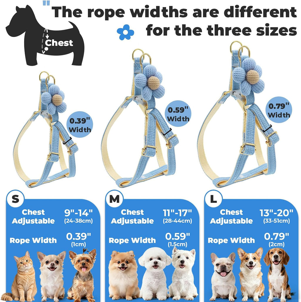 Side profile of blue flower cat harness on model