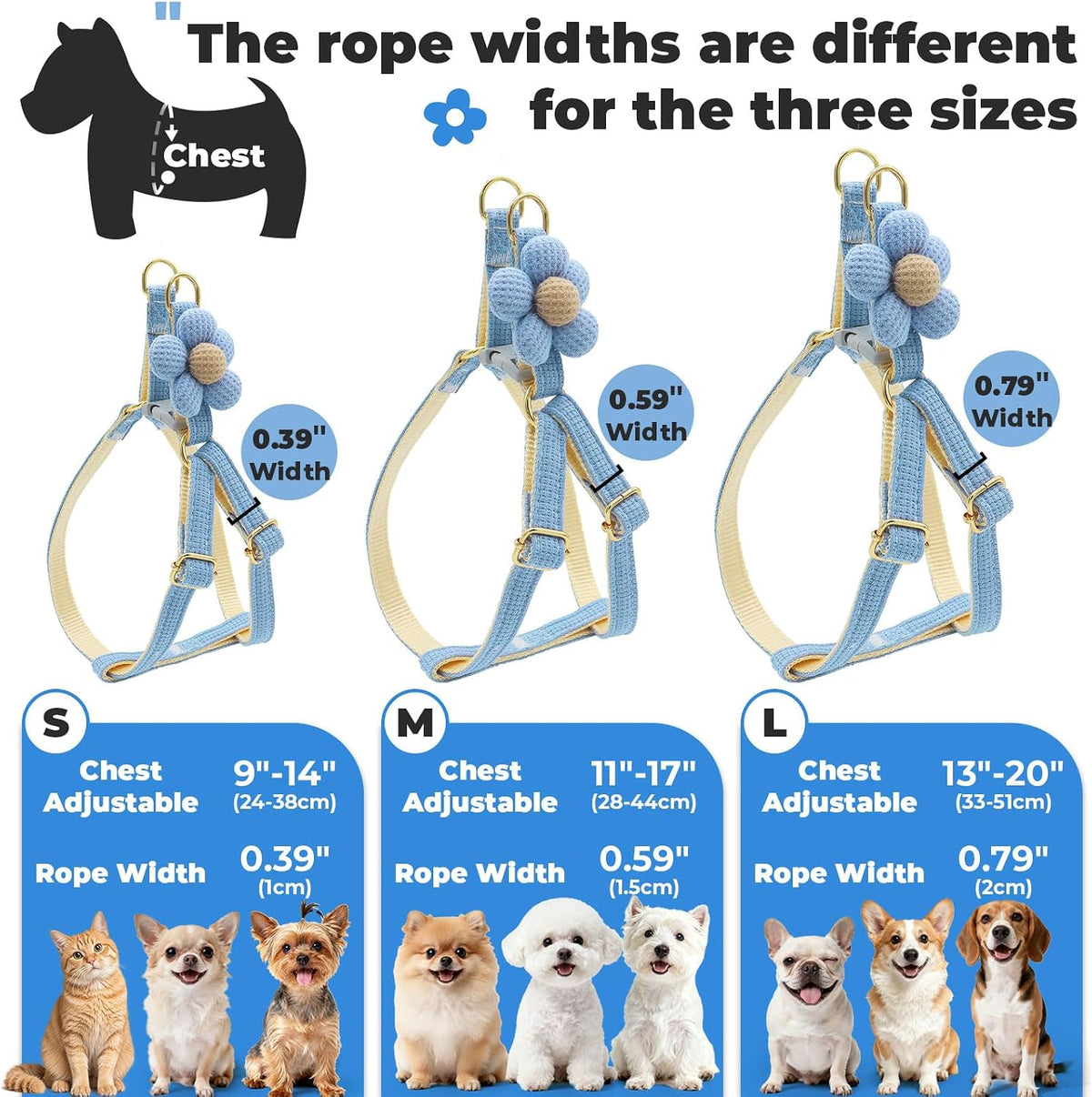 Side profile of blue flower cat harness on model