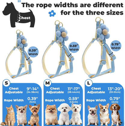 Side profile of blue flower cat harness on model