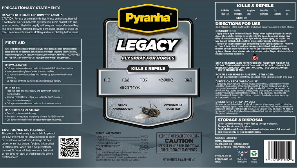 Pyranha Legacy equine water based insect repellent 1 quart