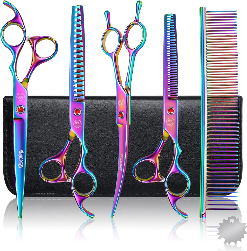 Moontay professional dog grooming scissors set front view of multicolor titanium shears.