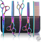 Moontay professional dog grooming scissors set front view of multicolor titanium shears.