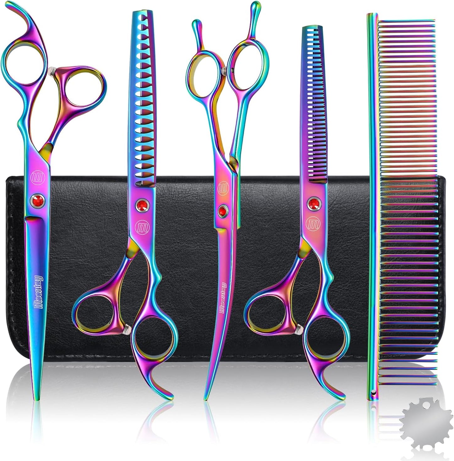 Moontay professional dog grooming scissors set front view of multicolor titanium shears.
