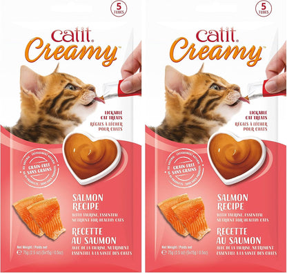 Variety of Catit Creamy treat tubes showing chicken and liver flavor