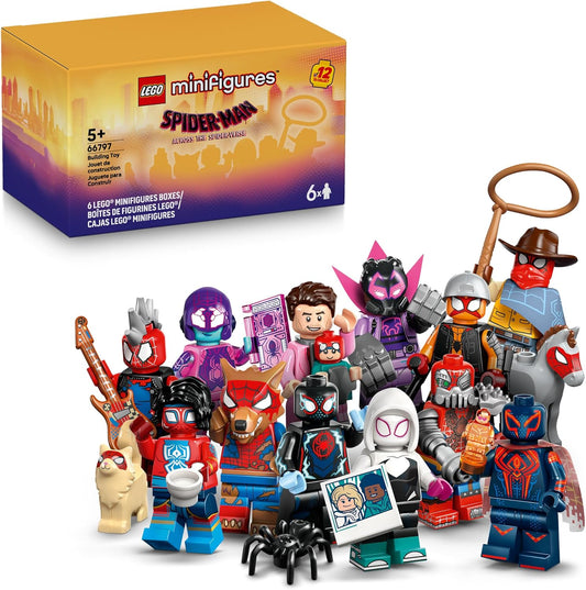 LEGO Spider-Man Across The Spider-Verse 6 Pack front view packaging showcasing character silhouettes.
