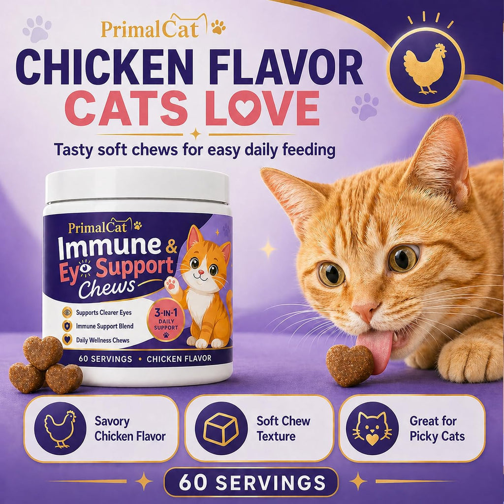 Premium pet health supplement packaging by PrimalCat for respiratory and vision defense