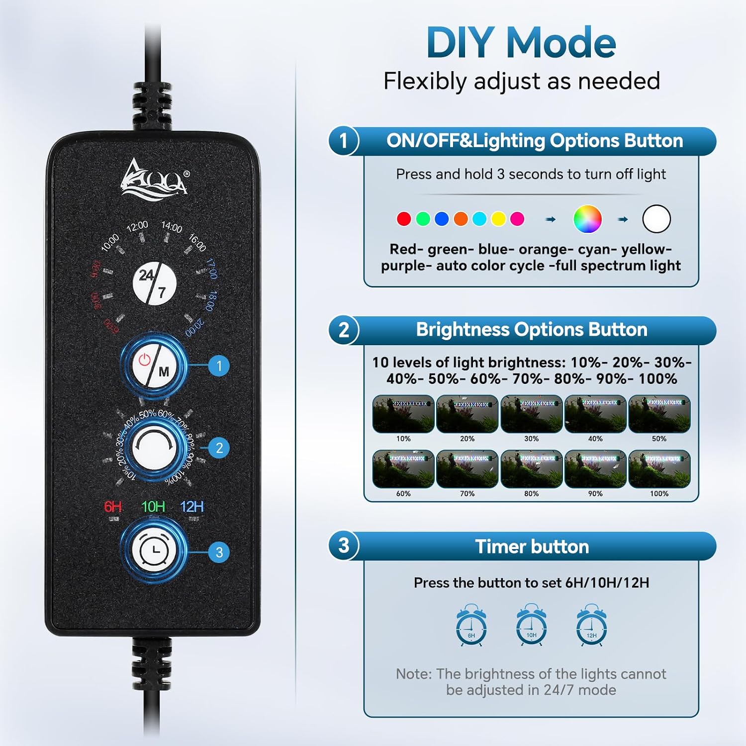 Full spectrum fish tank light submerged underwater with attached suction cups.