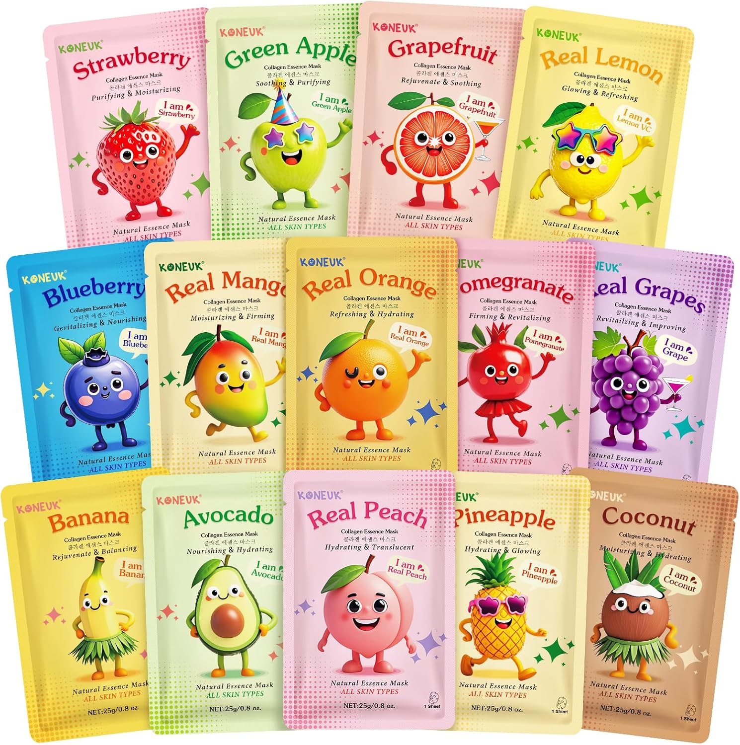 KONEUK 14 Pack Fruit Face Masks set with colorful cartoon packaging for kids