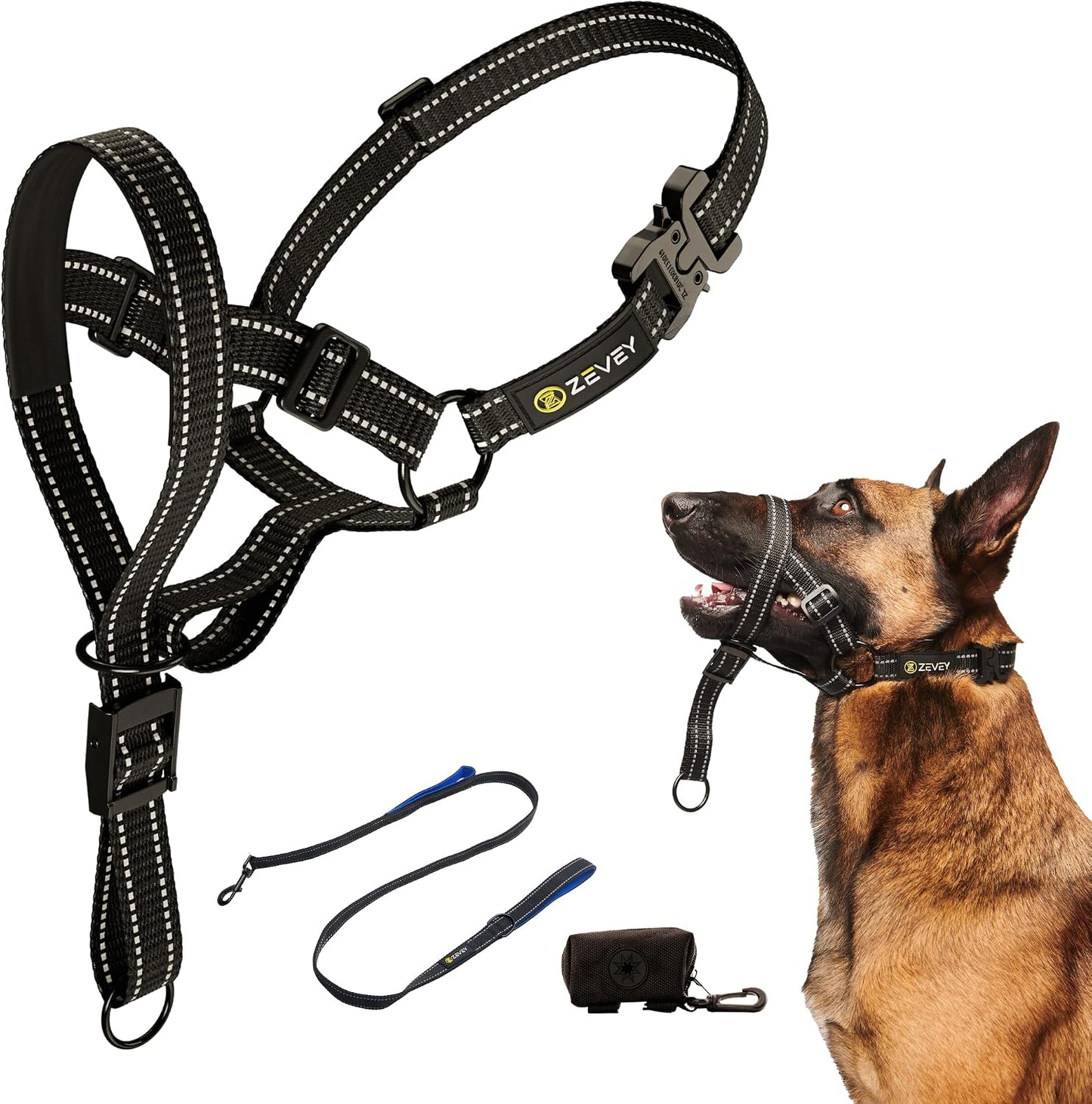 Zevey dog headcollar and leash set in black