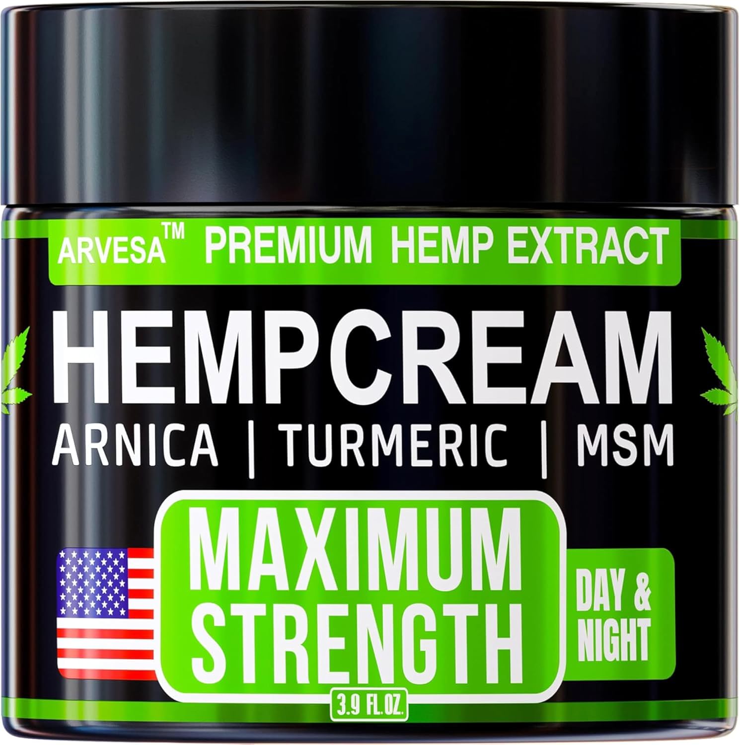 Arvesa maximum strength hemp cream front view packaging bottle for pain relief