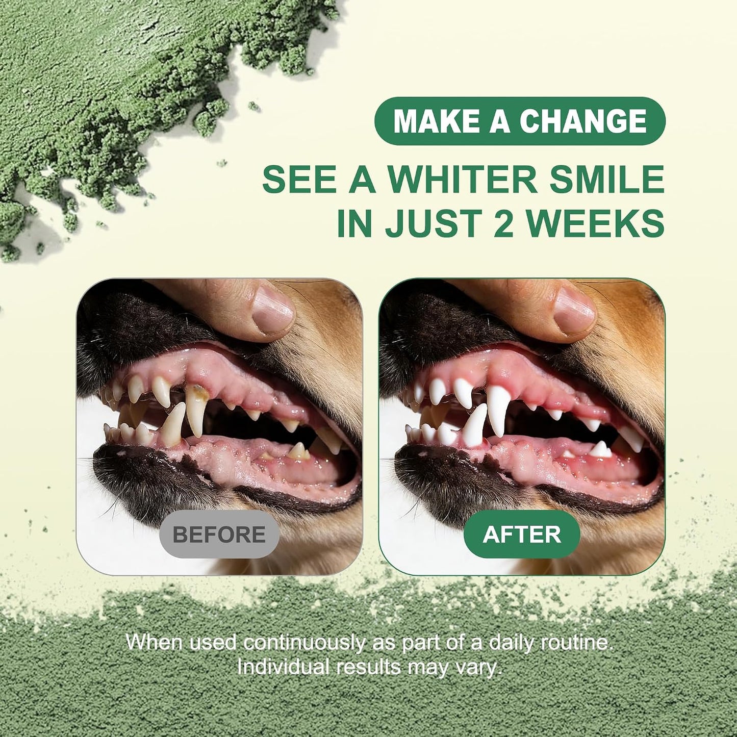 Kiuquty pet breath freshener powder showing natural mint flavor labeling