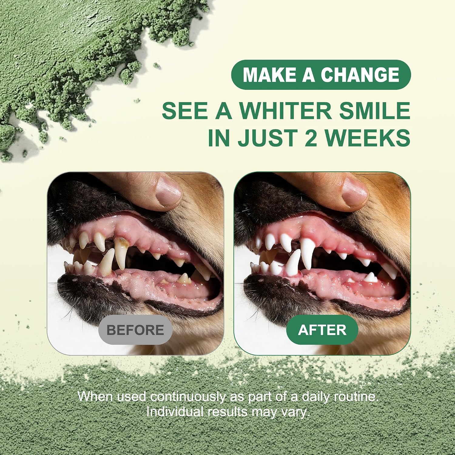 Kiuquty pet breath freshener powder showing natural mint flavor labeling