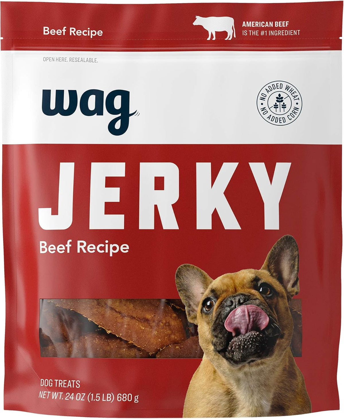 Hand holding Wag soft and tender jerky treats