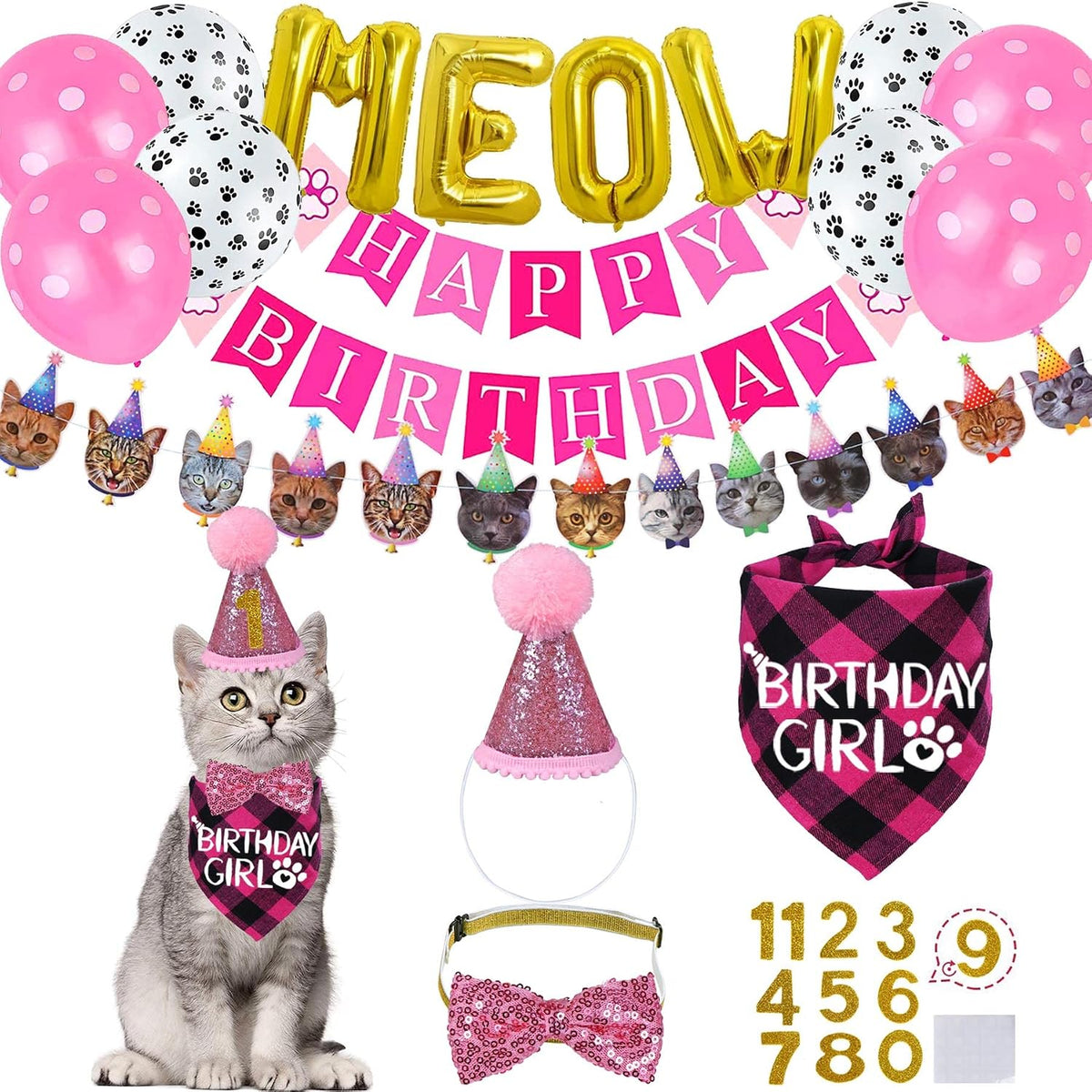 STMK Cat Birthday Decorations, Cat Birthday Hat with Number Bandana Bow Tie Collar for Cats Kittens Apparel Birthday Outfits - Image 11