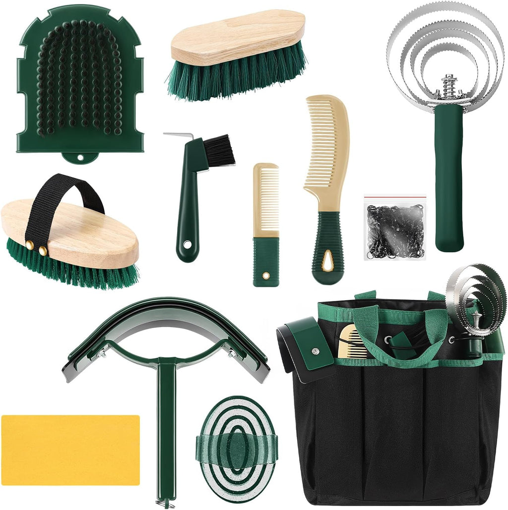 Abbylike 12 Pieces Horse Grooming Kit front view showcasing the khaki and green organizer tote bag filled with professional equine care tools.
