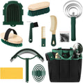 Abbylike 12 Pieces Horse Grooming Kit front view showcasing the khaki and green organizer tote bag filled with professional equine care tools.