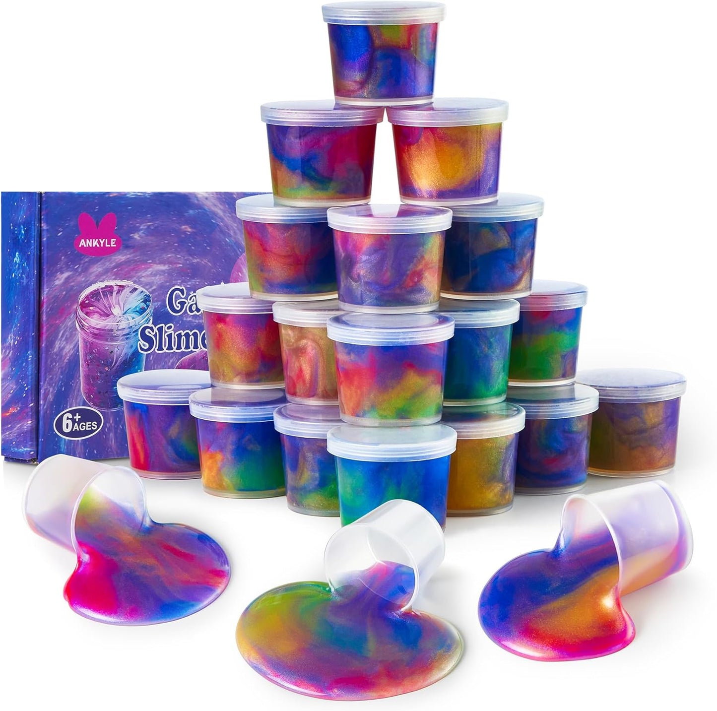 Ankyle 24 pack galaxy slime party favors front view of individual cosmic putty cups.