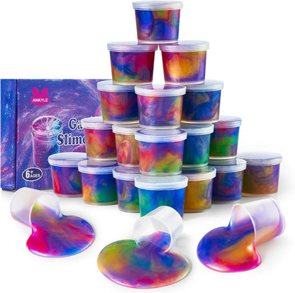 Ankyle 24 pack galaxy slime party favors front view of individual cosmic putty cups.
