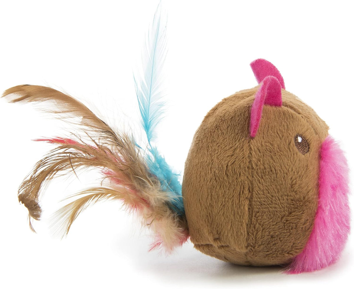 SmartyKat interactive cat toy showing feather details and soft fabric