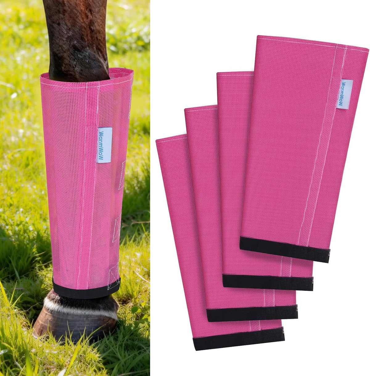 Warmwow fly boots for horses front view neon pink set of four mesh leggings