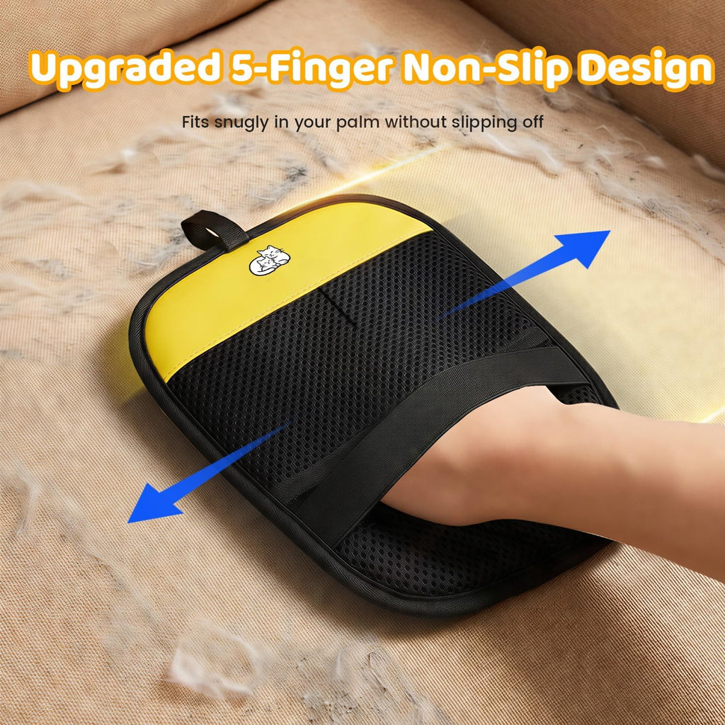Five finger pet grooming mitt removing shed hair from carpet