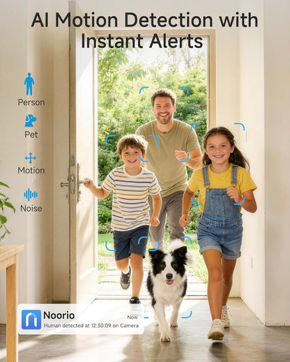 Noorio indoor camera close up emphasizing the smart lens and infrared night vision sensors