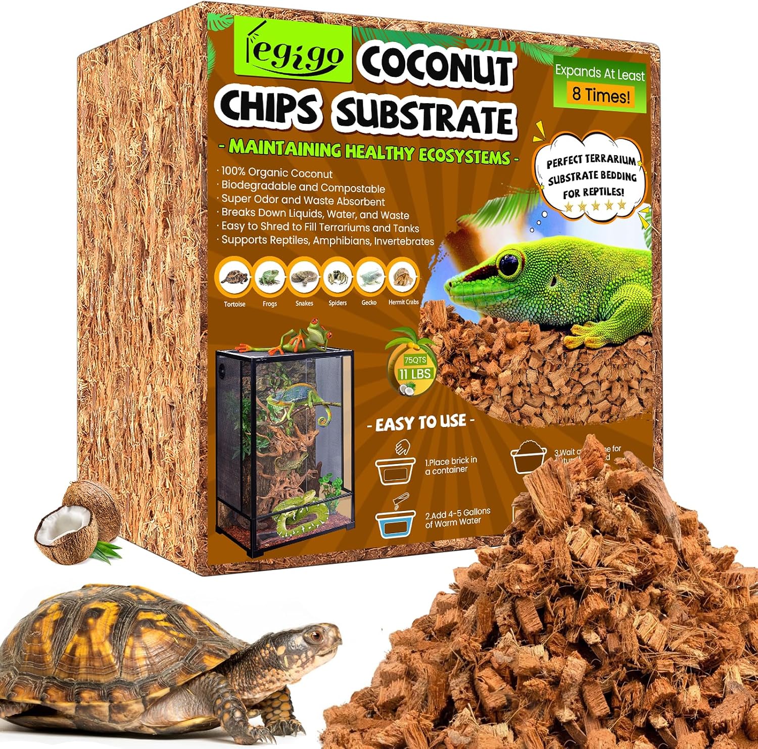Legigo coconut chip substrate reptile bedding ten pounds compressed brick front view