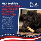 Six inch braided rawhide bones showing the thick texture and dual beef and chicken flavors