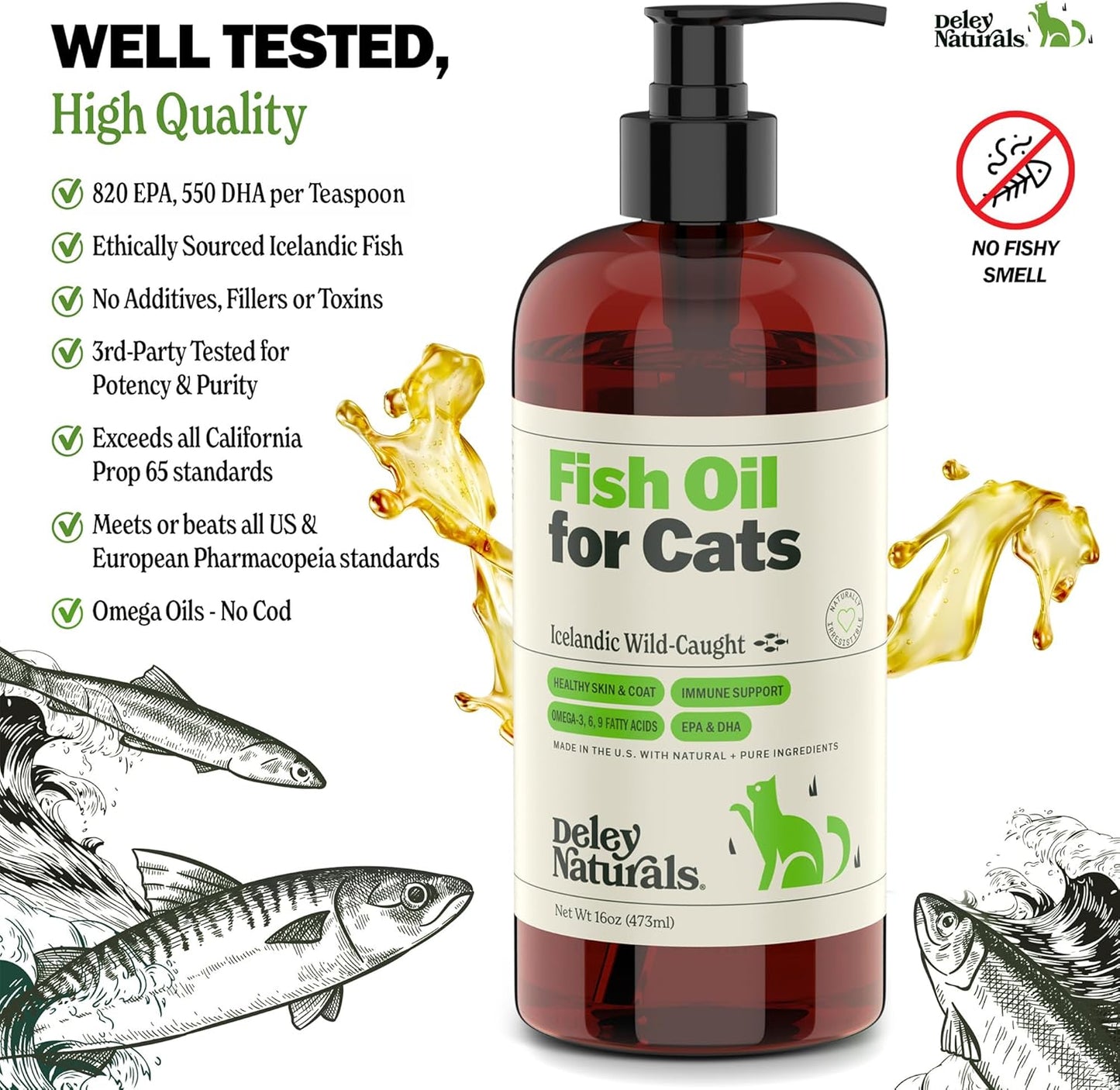 Back label of Deley Naturals cat fish oil listing EPA and DHA potency per serving