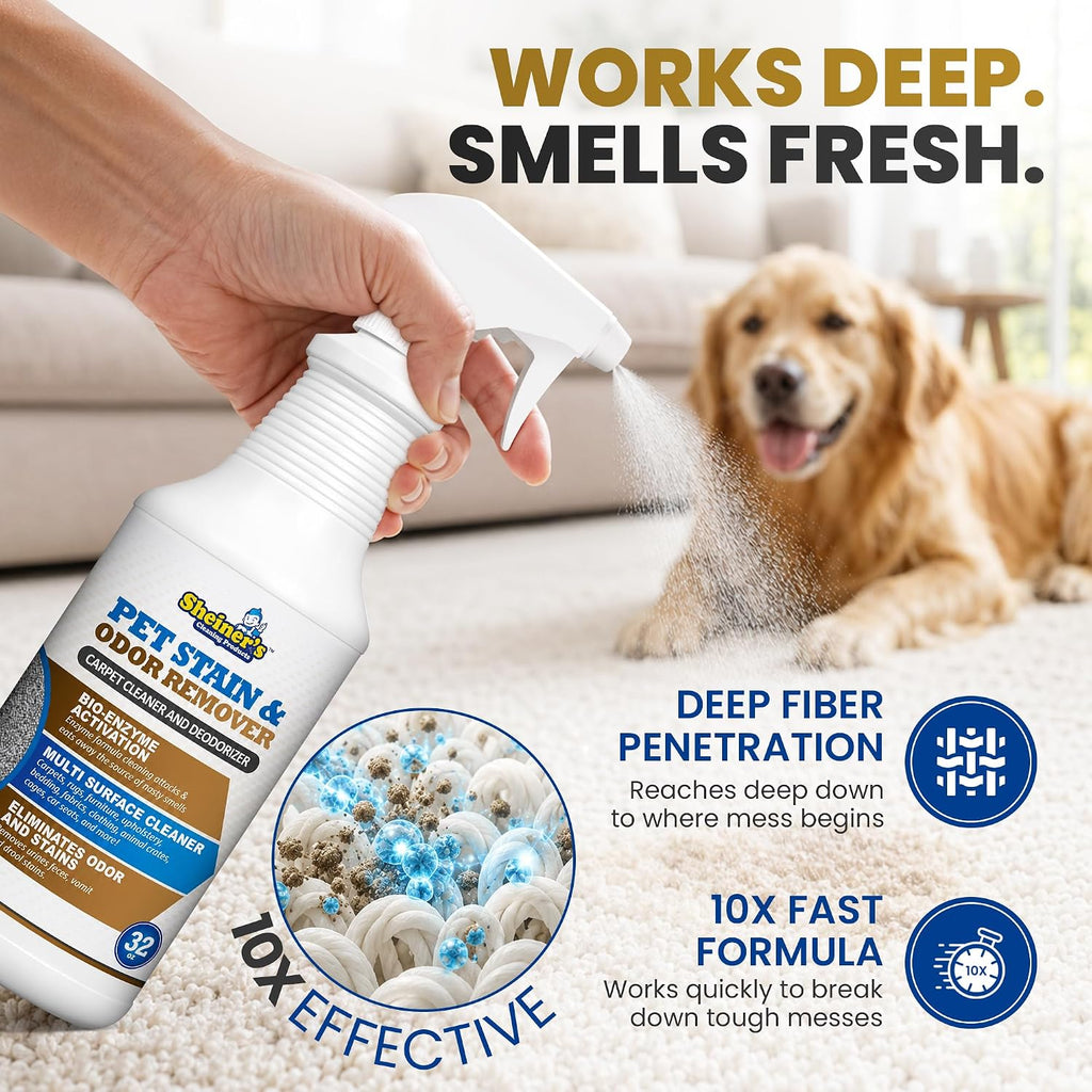 Close up of Sheiner's pet cleaner label showing safe for pets and kids