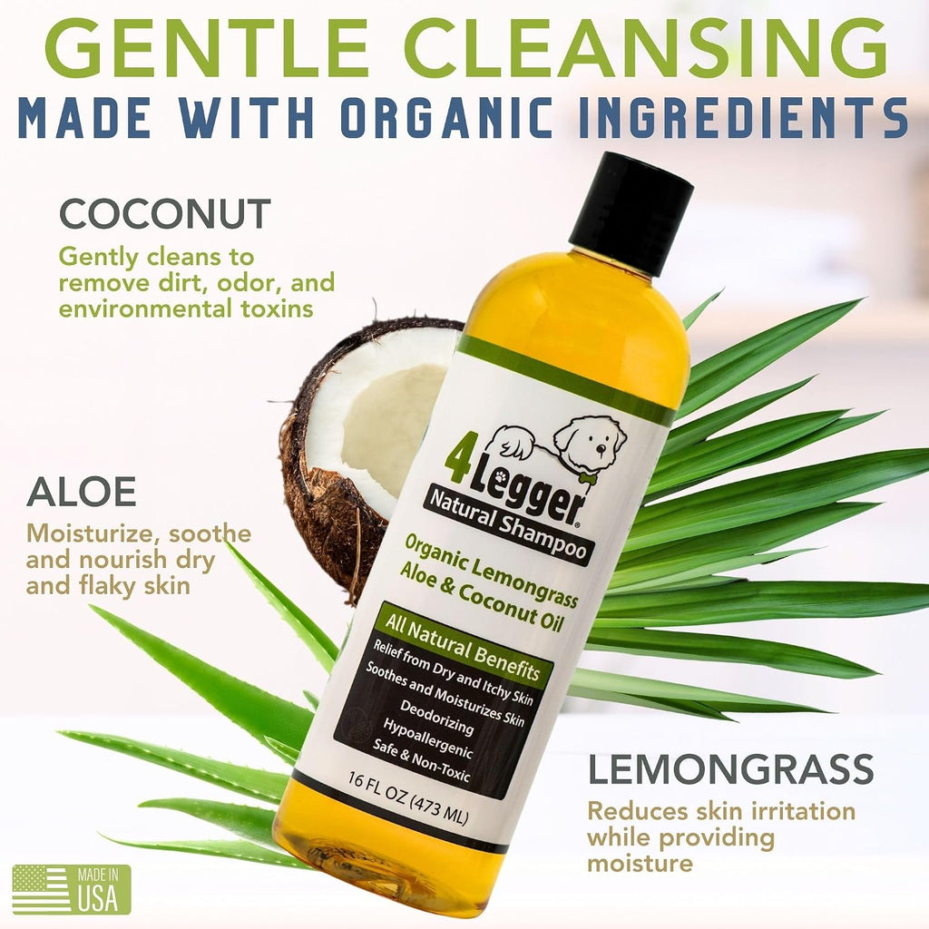 4Legger organic dog shampoo with aloe and lemongrass label