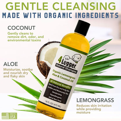 4Legger organic dog shampoo with aloe and lemongrass label