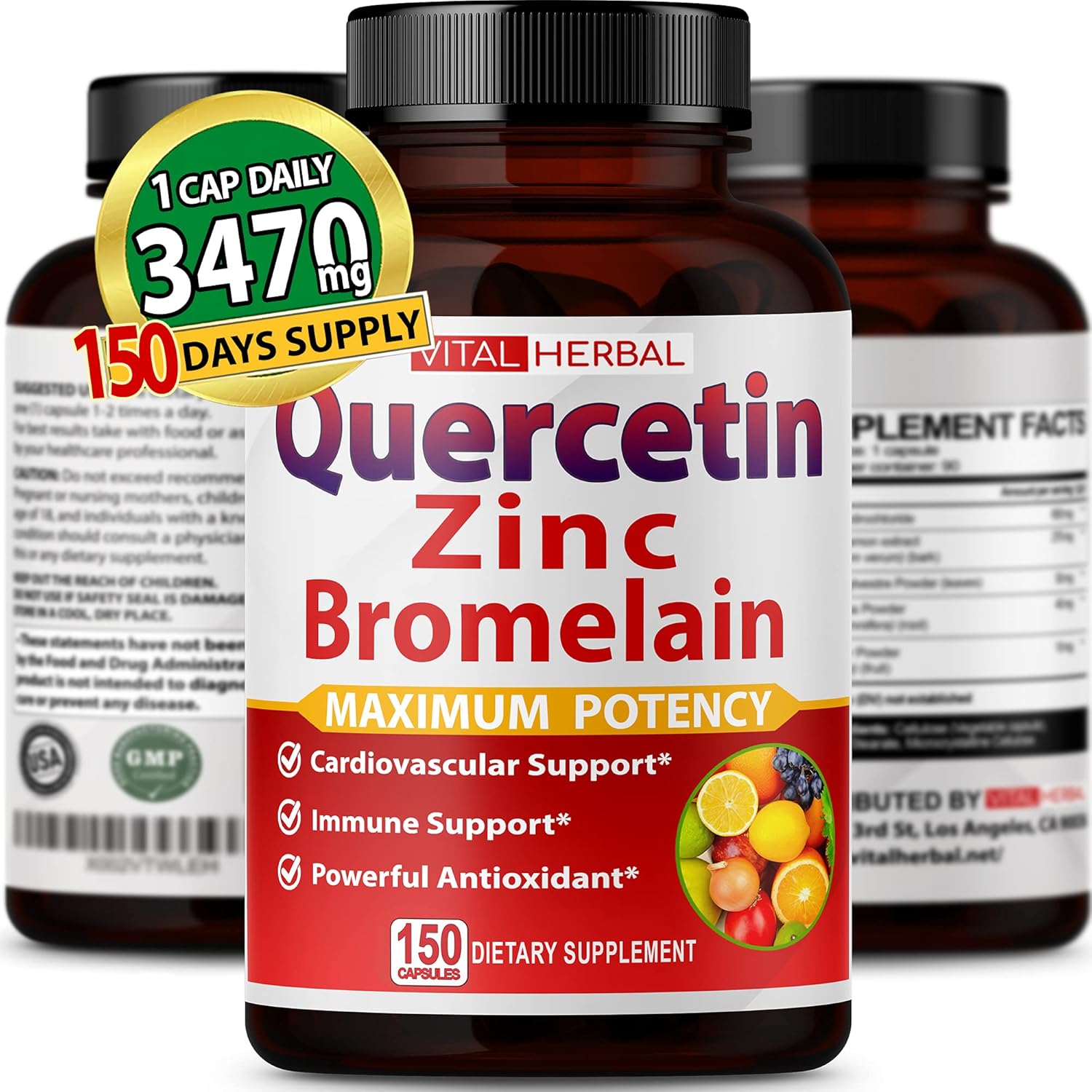 HonLena Quercetin 98 Percent with Bromelain front view bottle