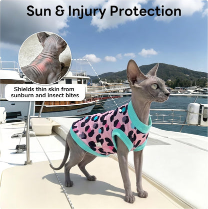 Side view of Sphynx cat wearing pink stretchy turtleneck sweater