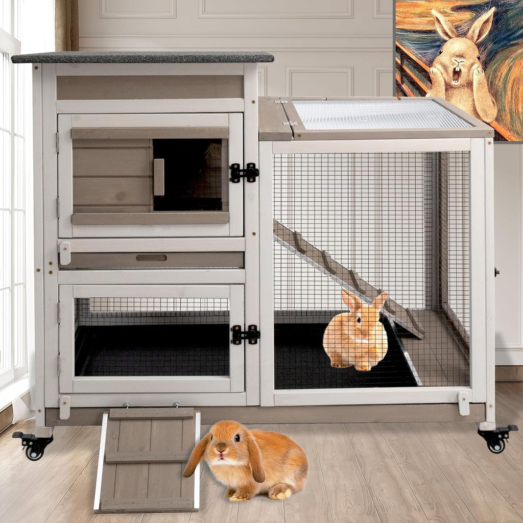 PetsCosset Rabbit Hutch Indoor 40" L Large 2 Story Outdoor Wooden Bunny Hutch with Run, 4 Metal Wheels & 2 Deeper Trays, UV-Proof Panel Rabbit Cage Guinea Pig Pet House for Small-Medium Animals - Image 1