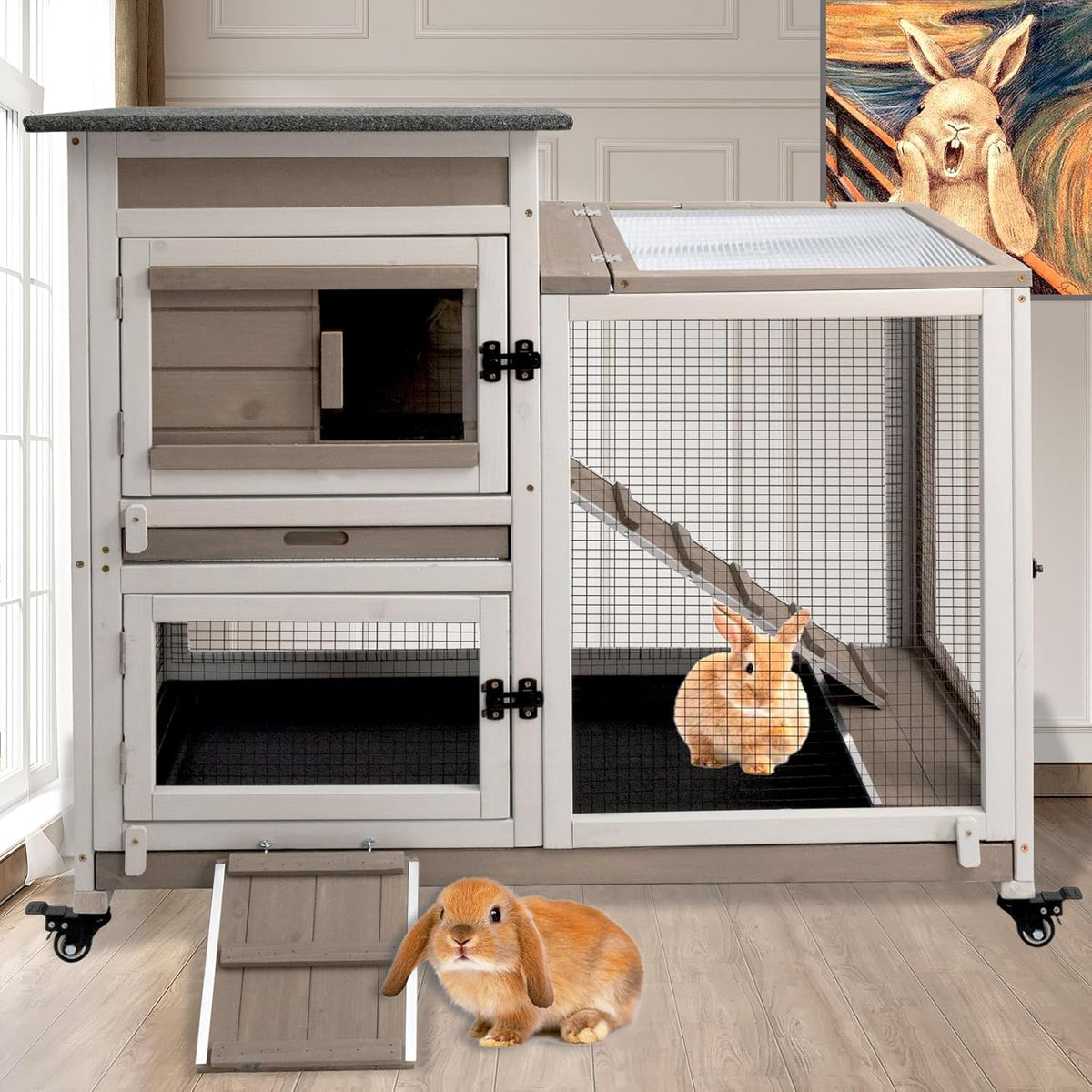 PetsCosset Rabbit Hutch Indoor 40" L Large 2 Story Outdoor Wooden Bunny Hutch with Run, 4 Metal Wheels & 2 Deeper Trays, UV-Proof Panel Rabbit Cage Guinea Pig Pet House for Small-Medium Animals - Image 1