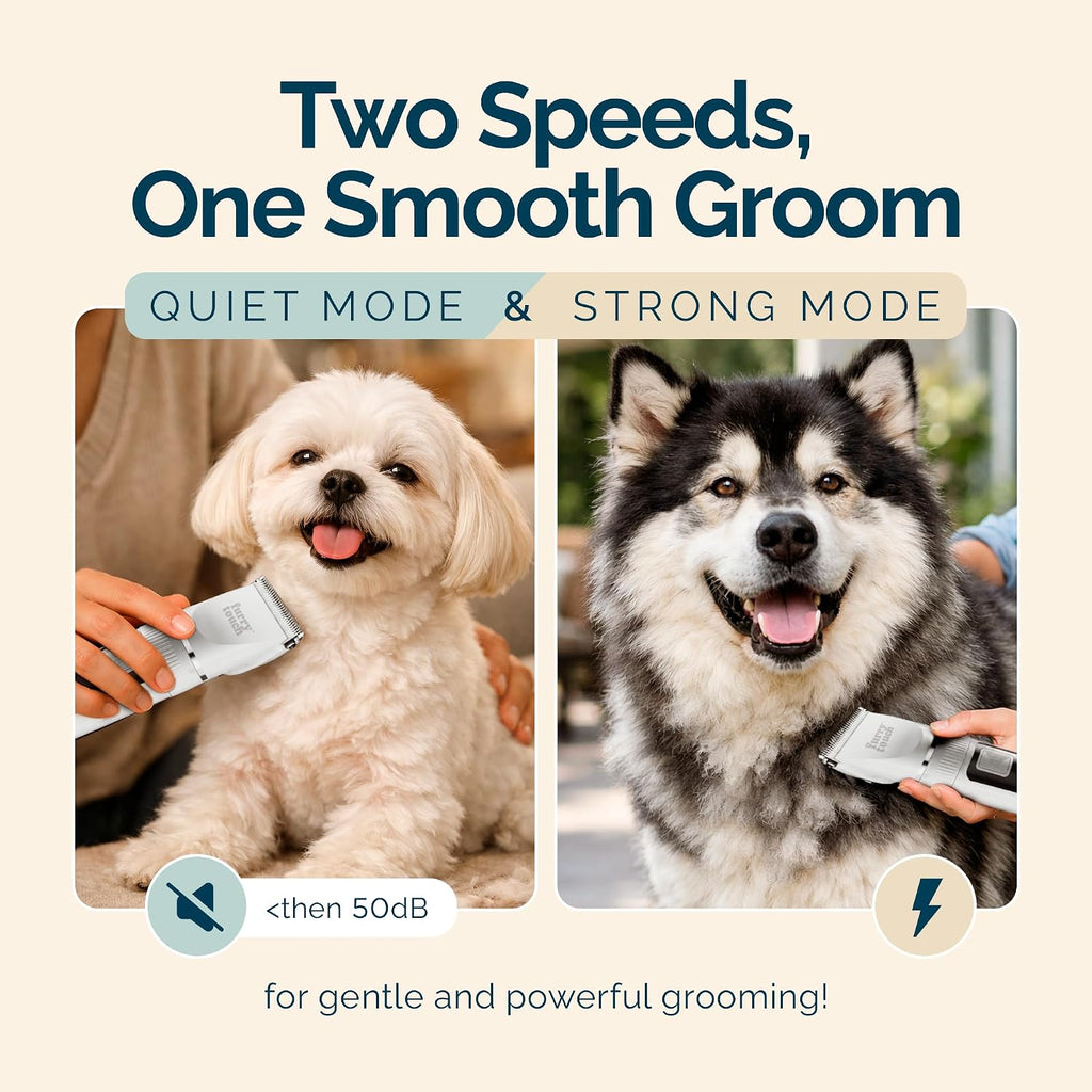 Six different guide combs and stainless steel grooming accessories included in the Furry Touch pet trimmer set.