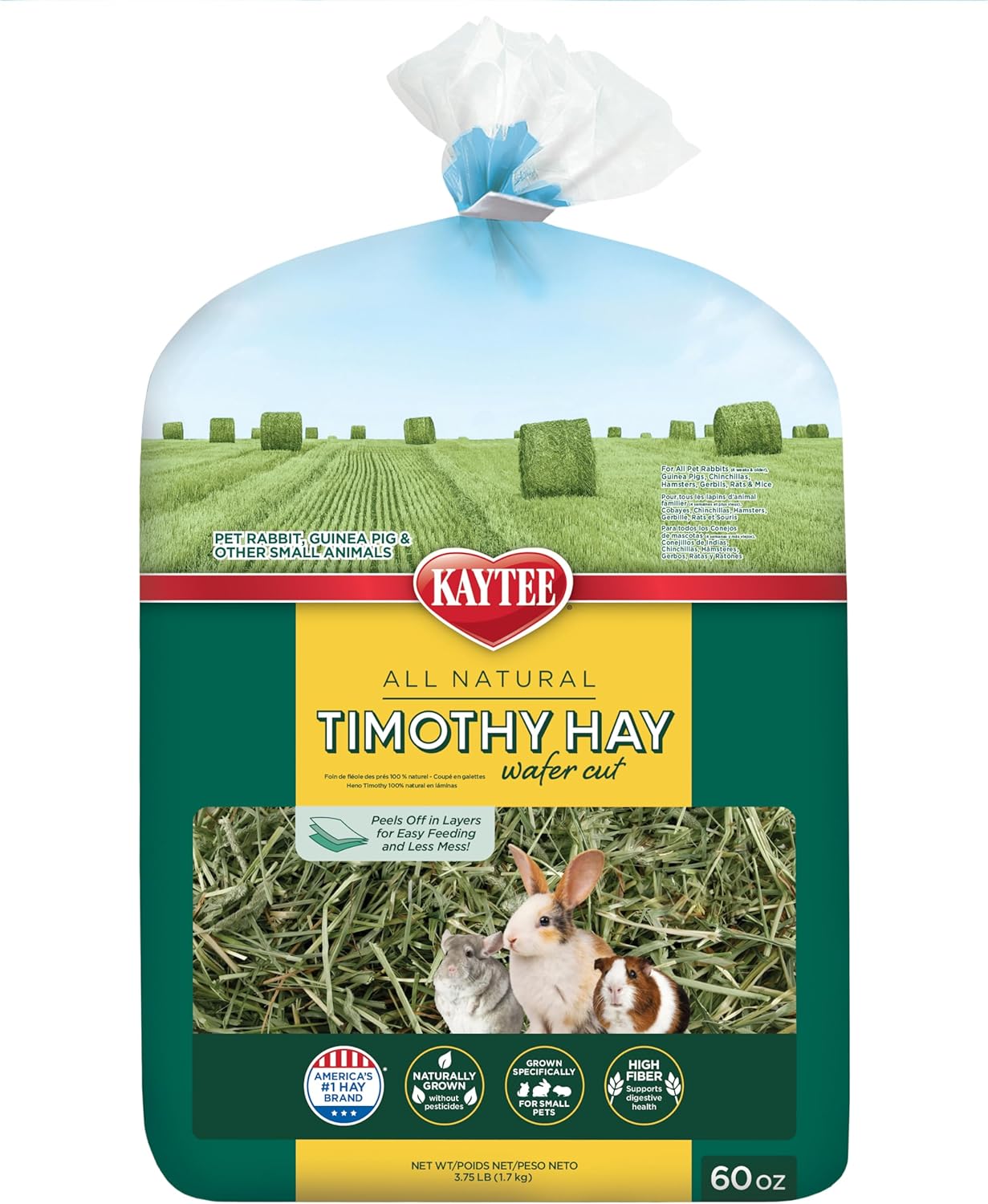 Kaytee Wafer Cut Timothy Hay 60 Ounce front packaging view for premium small animal food.