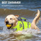 Queenmore neon green puppy life jacket being adjusted with secure buckle closures.