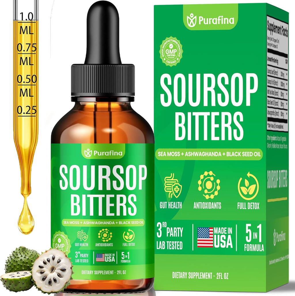 Purafina Soursop Bitters 5-in-1 liquid drops front bottle and box view