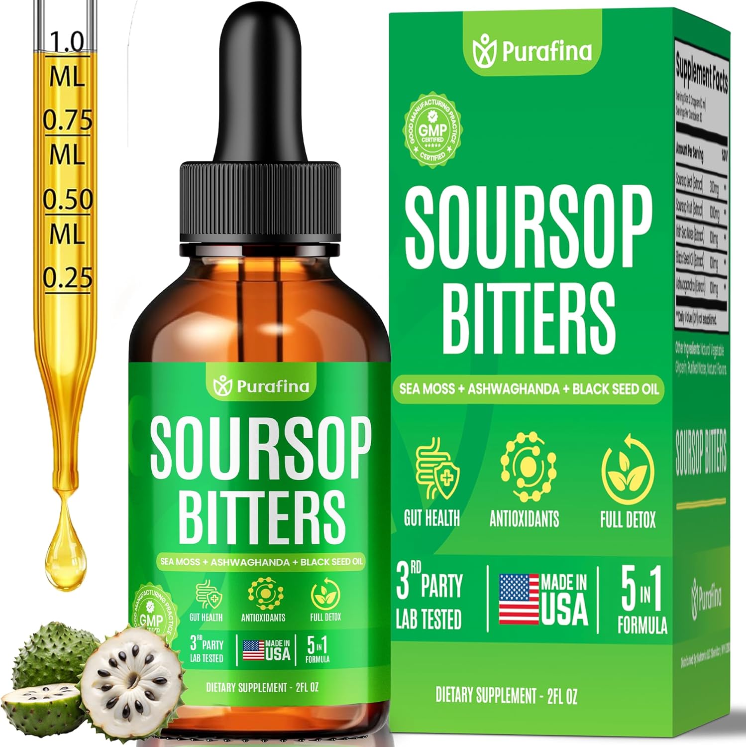 Purafina Soursop Bitters 5-in-1 Liquid Drops bottle front view
